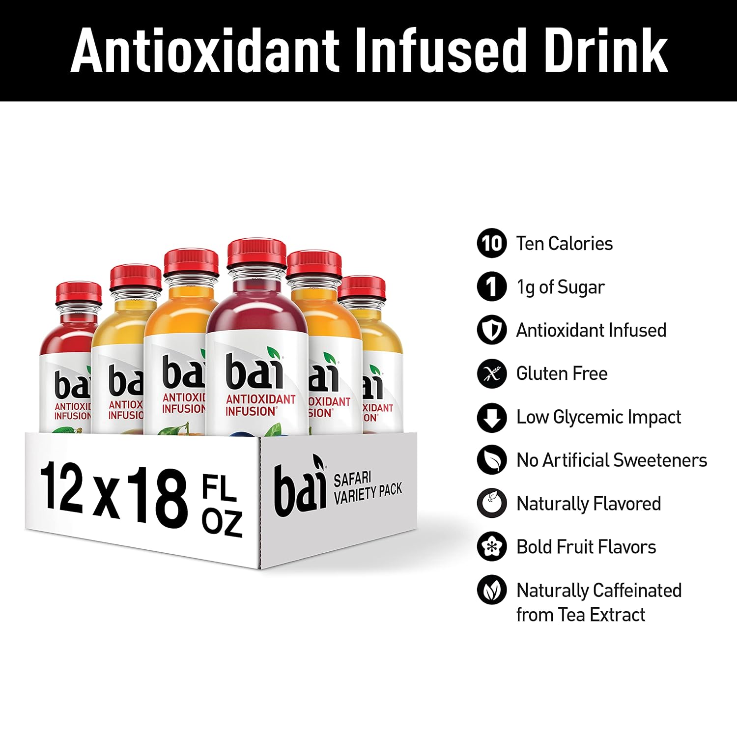 Bai Flavored Water, Safari Variety Pack, Antioxidant Infused Drinks, 18 Fluid Ounce Bottles, 12 Count, 3 Each of Brasilia Blueberry, Costa Rica Clementine, Malawi Mango, Zambia Bing Cherry,18 Fl Oz (Pack of 12) - Image 4